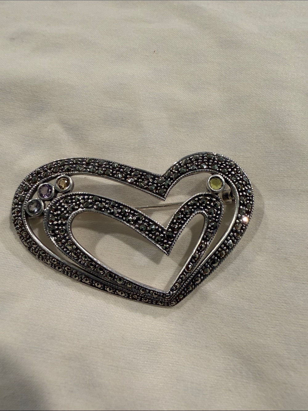 925 Silver Heart Brooch with Multicolor Accent Stones